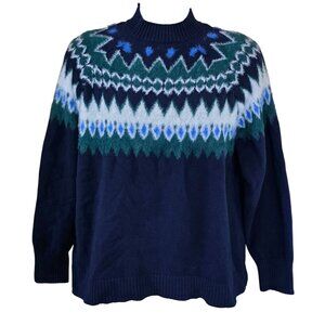 Fair Isle Sweater Navy Blue & Green tribal print boho cottagecore peasant soft